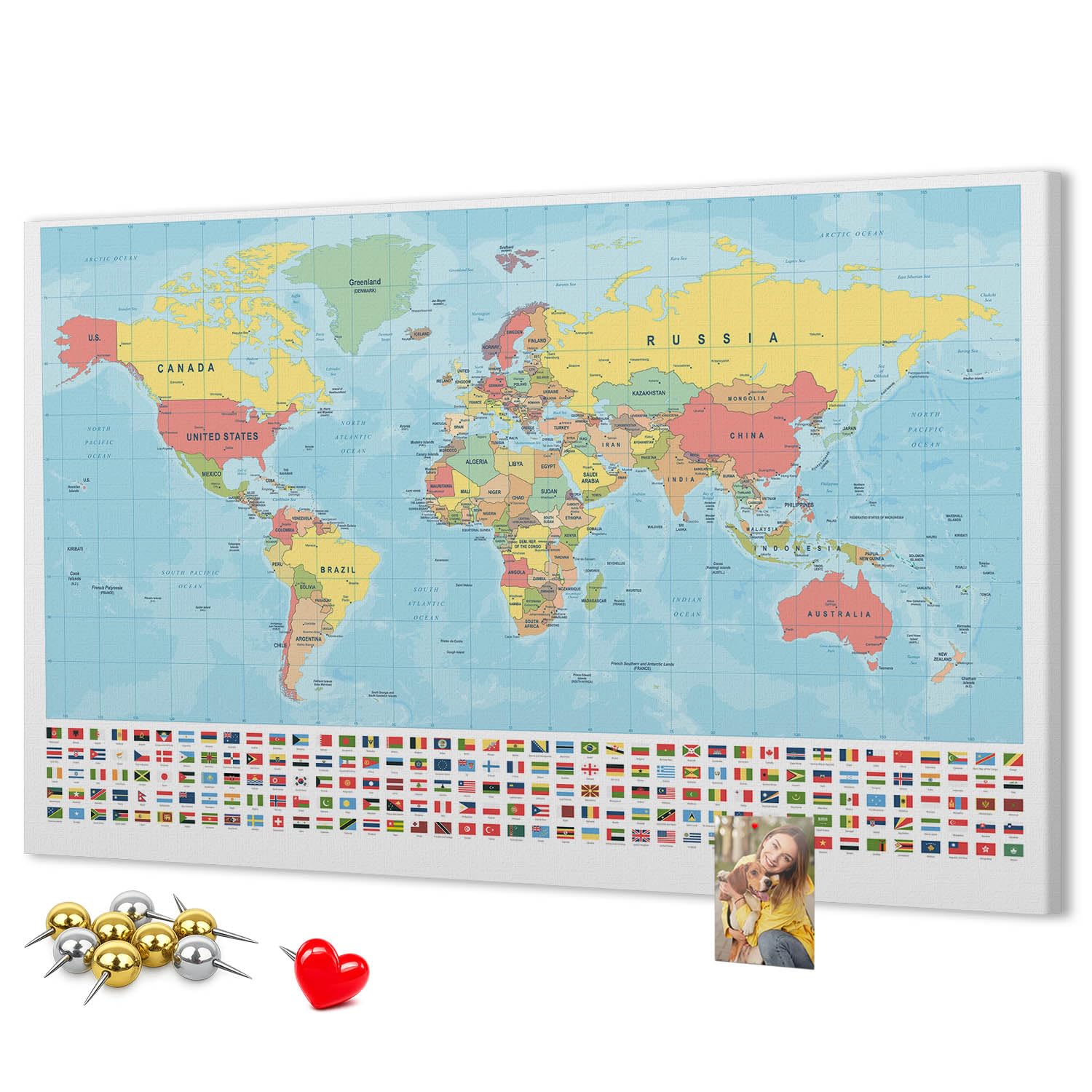 Panel grande de corcho 120x80 cm | Mapa geográfico del mundo
