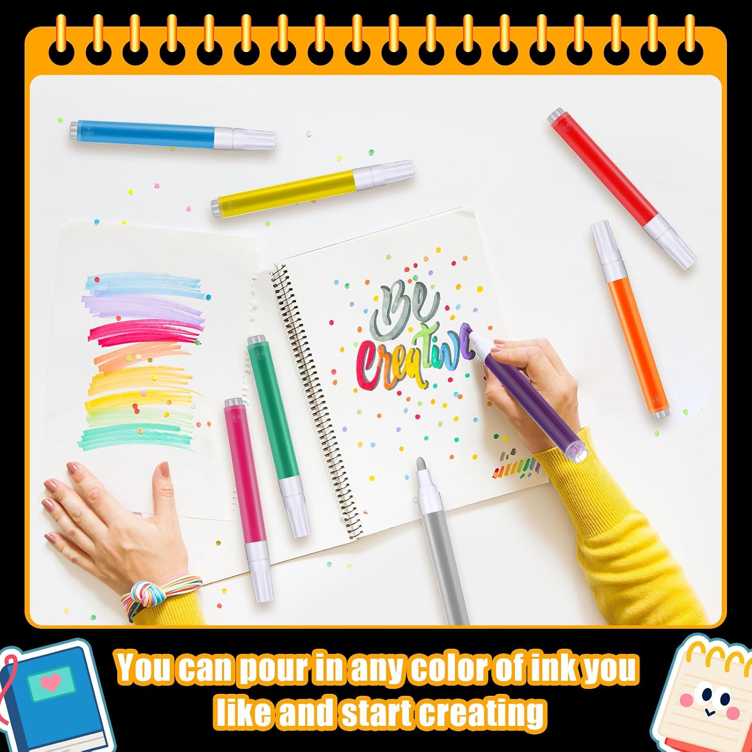 Dunzoom 50 Pcs Empty Refillable Marker 6 mm Refillable Acrylic Paint Markers Empty Painting Pen White Round Tilted Flat Head Blank Paint Marker with 3 ml Dropper for Oil Water Ink Craft(Round)