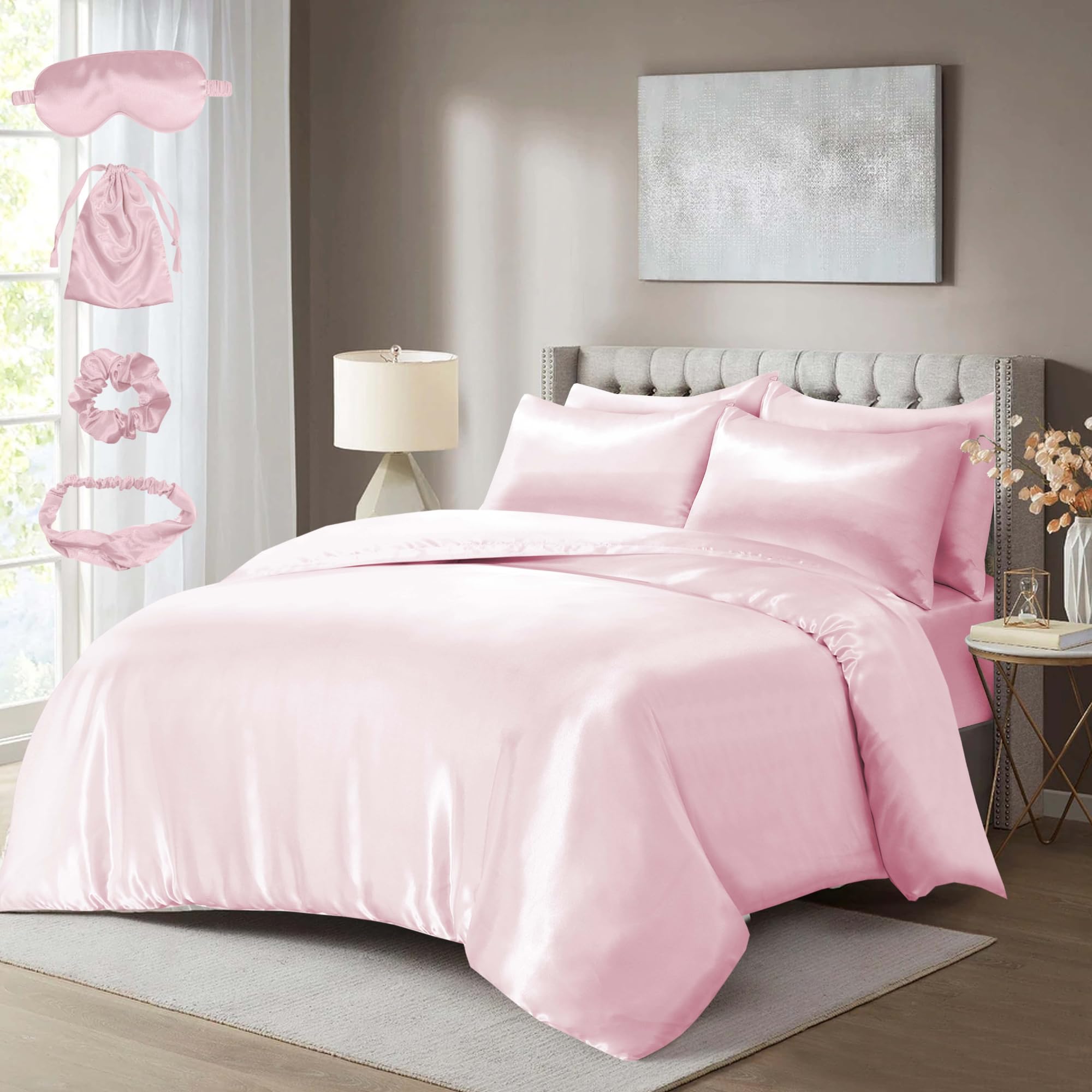 Luxury 10 PCS Satin Complete Bedding Set with Duvet Cover, Fitted Sheet, Pillowcases & Matching with Eye Mask, Hair Band, Hair Cap & Pouch | Single Double King Super King (BABY-PINK, SUPER KING)