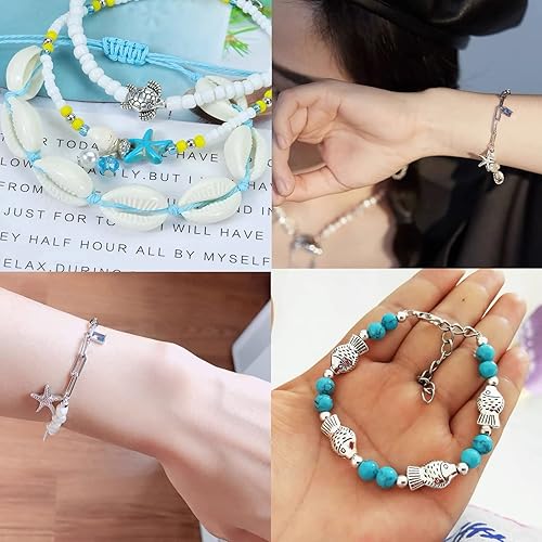 Miniatura 6 de 100 cuentas espaciadoras de animales marinos de plata antigua, surtidas, temáticas tibetanas, pequeñas cuentas sueltas de estrella de mar, concha,