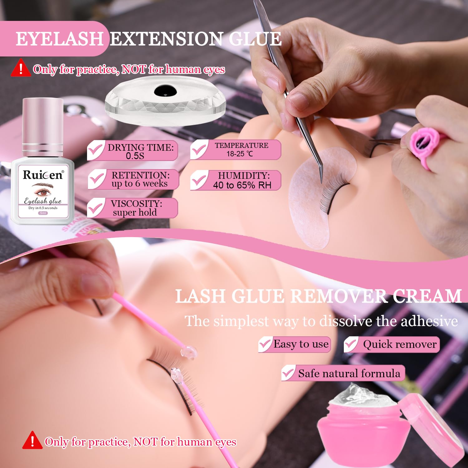 Kit di extension per ciglia per principianti, kit di extension per ciglia Ruicen con corso di formazione include testa di manichino, tabella di mappatura delle ciglia pratica e altri strumenti per