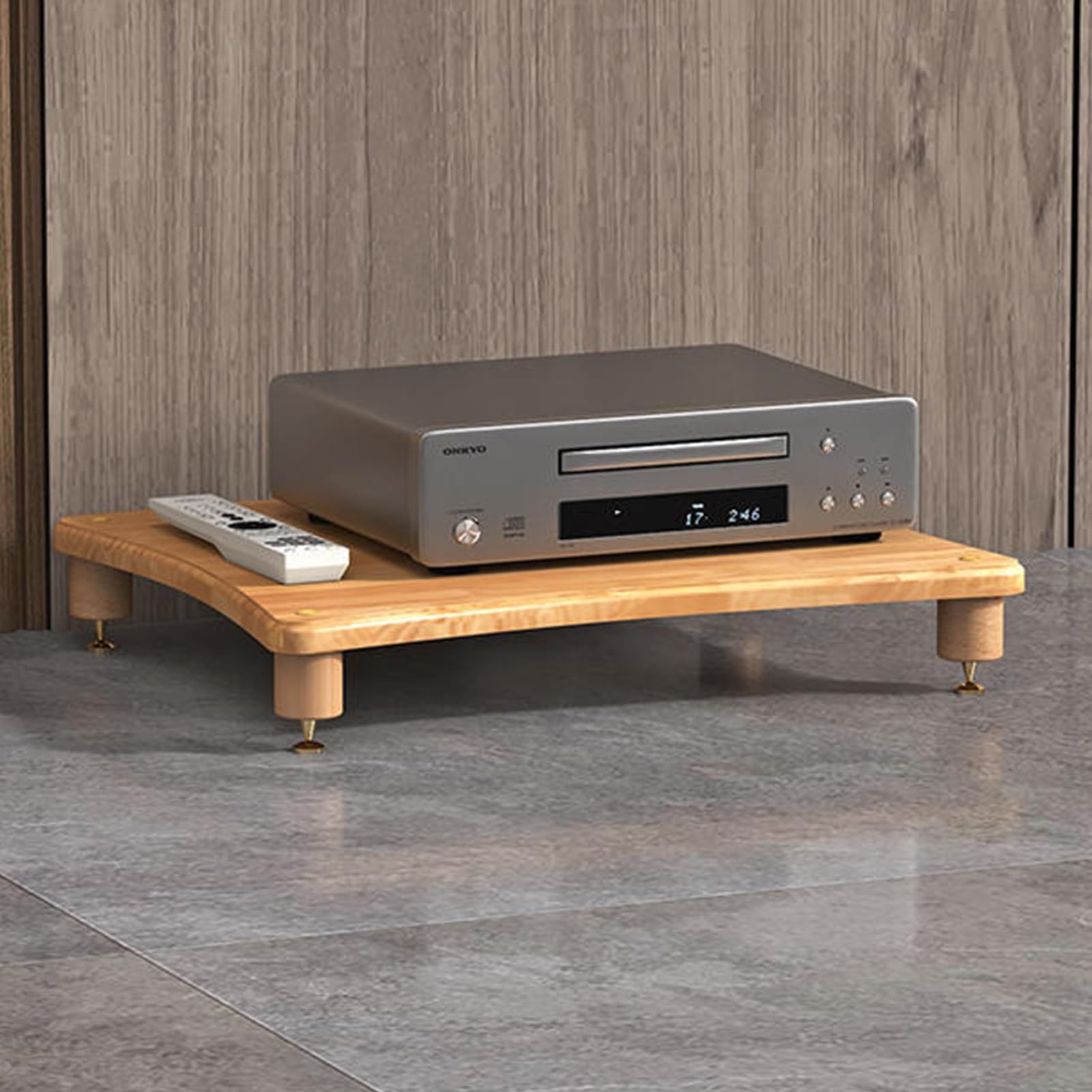 Support audio en bois et cuivre pour isolation acoustique meuble TV