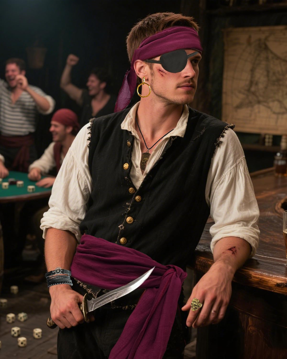 kasahara Pirate Costume Accessories for Women Men 6 Pcs Pirate Head Scarf Bandanas Waist Sash Belt Jewelry - Image 2