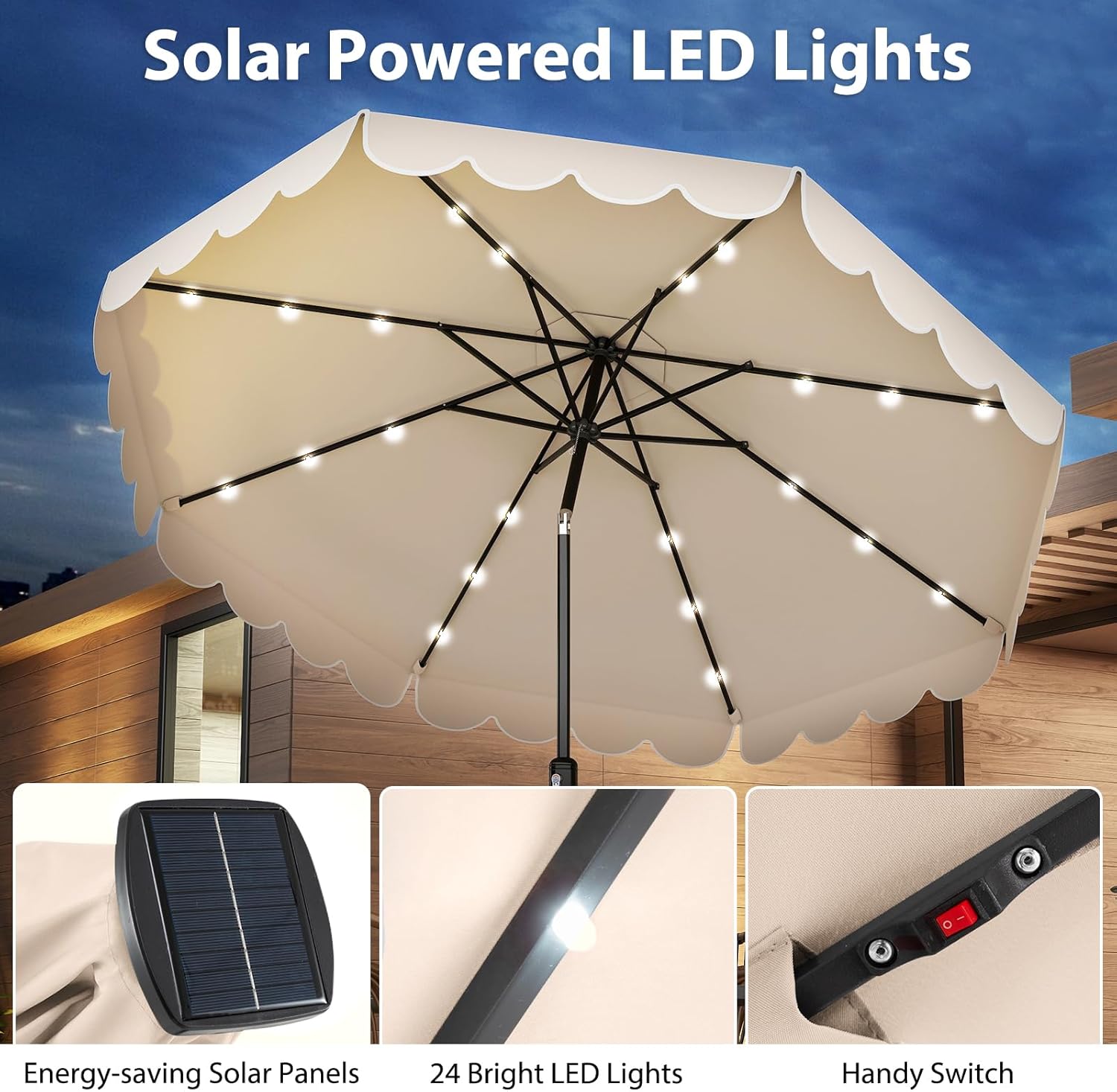 Tangkula 10FT Solar LED Patio Umbrella, 2-Tiers Scalloped Outdoor Table Market Umbrella with 24 LED Lights, Vented Top, Tilt Adjustment, Crank, 8 Ribs for Backyard Poolside Deck Beach Lawn (Beige)