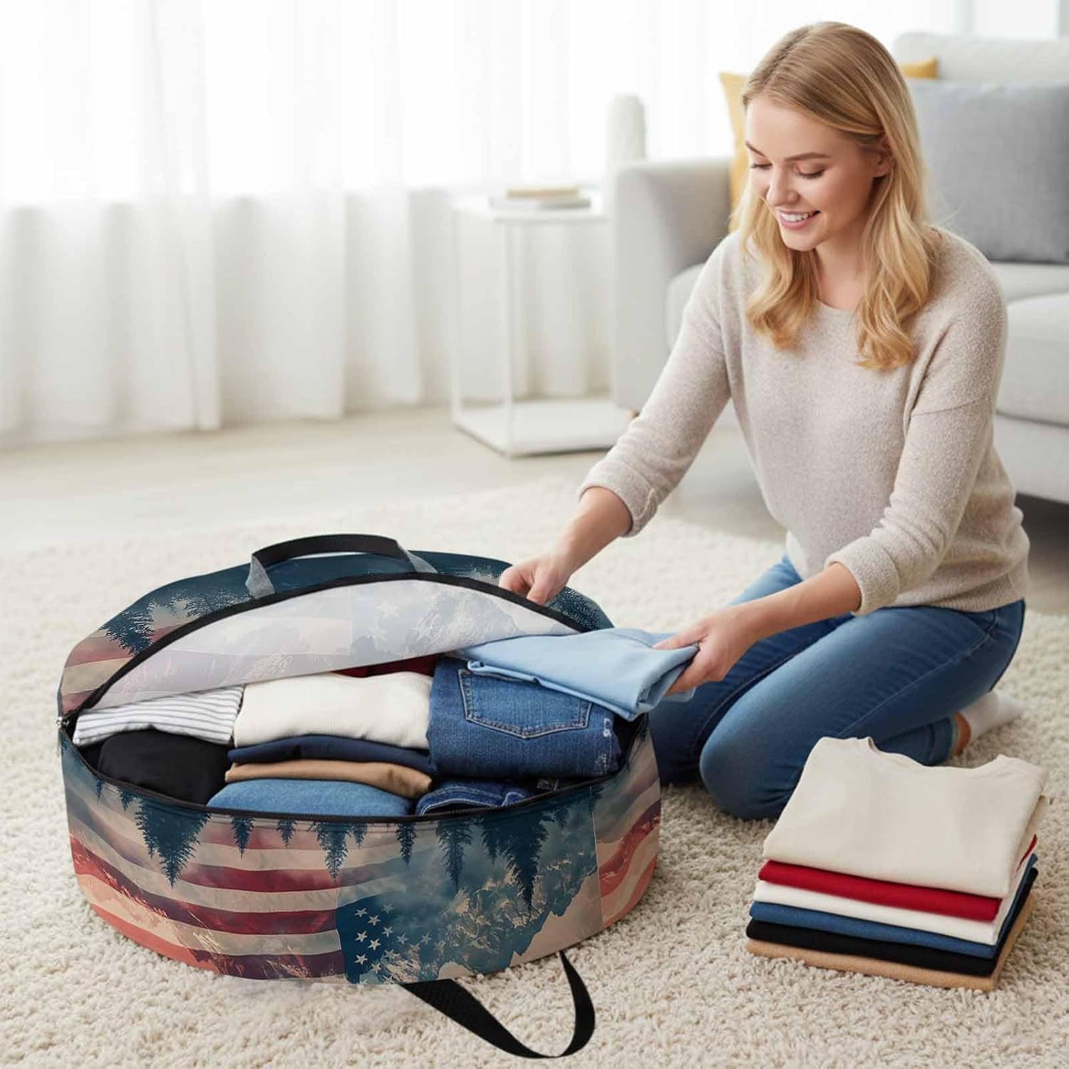 Independence Day Round Storage Bag 36 Inch, Mountain Forest American Flag Clothes Storage Container with Handles Heavy Duty Organizer for Comforter, Bedding & Holiday Wreaths