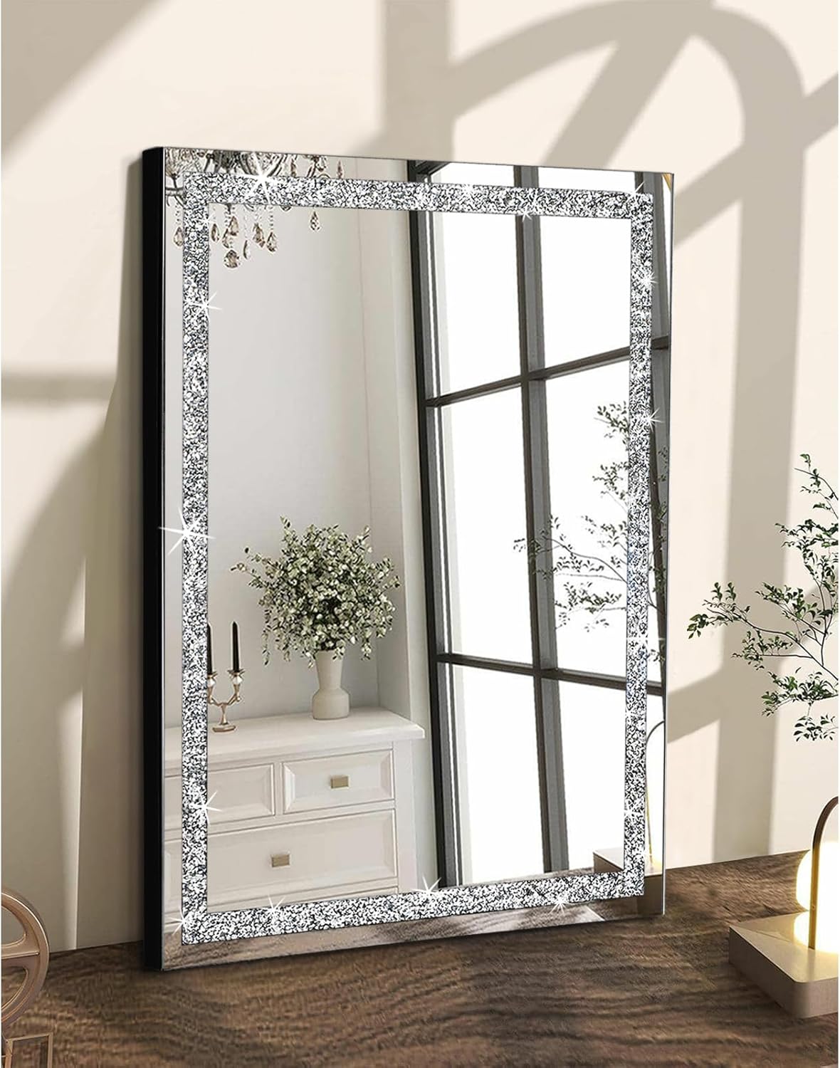 HLFMVWE Rectangle Sparkling Decorative Wall Mirror, for Home Decoration with Silver Crystal Crush Diamond Décor, Dimention 40x50 CM, Wall Hang Frameless Mirrors Glass Diamond Décor 7