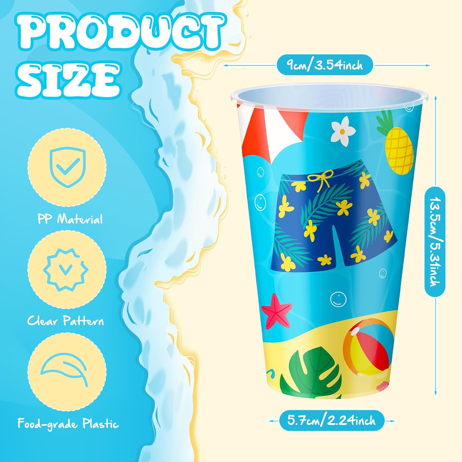Qinyoung 40 Pack Pool Party Cups with Lids, 16.9 oz Beach Plastic Cups | Summer Party Favors, Beach Drinking Cups for Summer Pool Sea Luau Themed Party Supplies