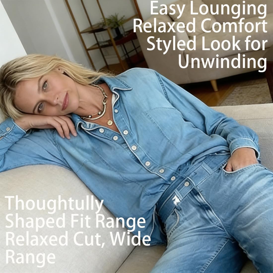Women’s Denim Pajama Set Lounge Wear with Wide-Leg Jean Pants & Cozy Button-Down Top Relaxed Soft Stretch Sleepwear - Image 5