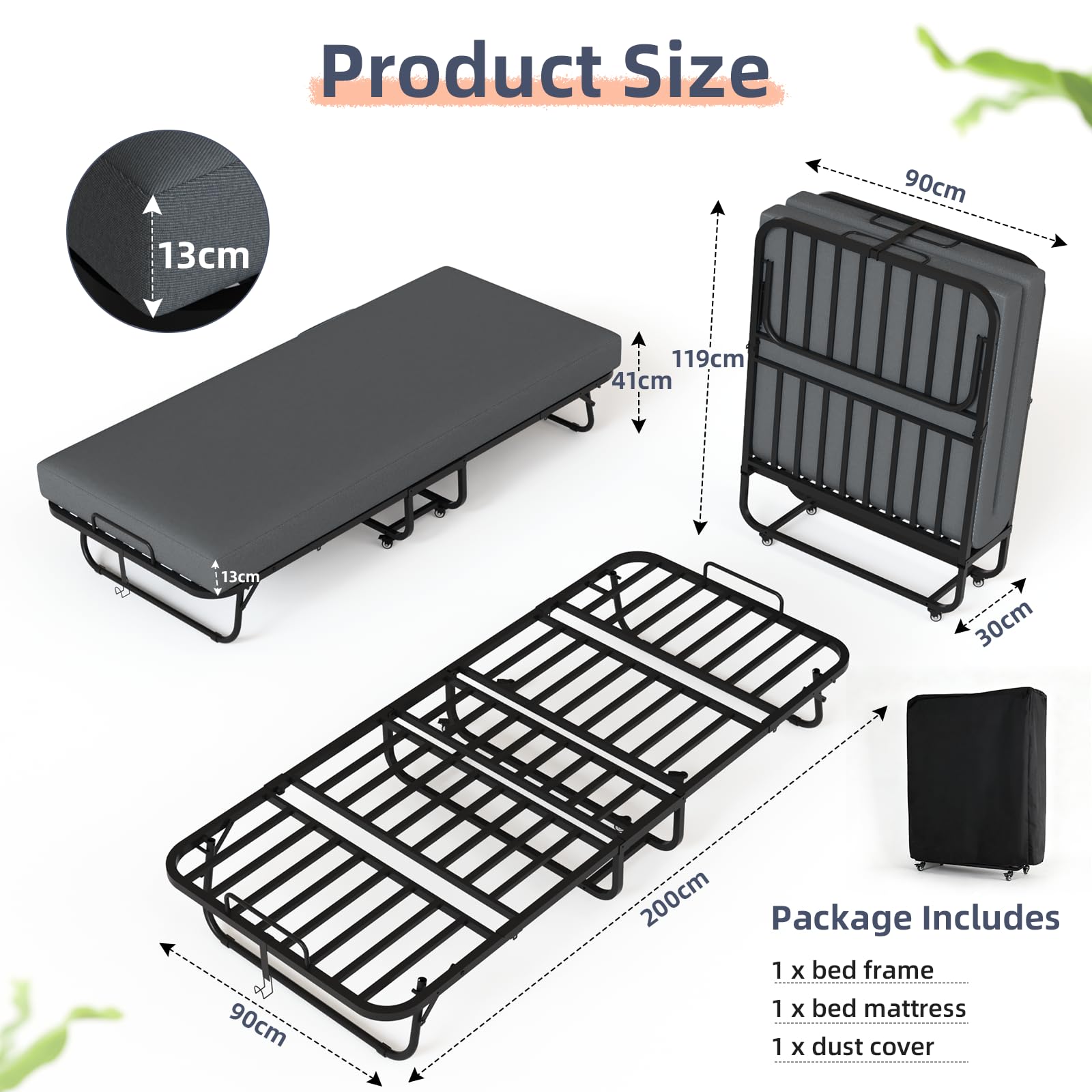 VOWNER Klappbett 200x90cm, Klappbares Gästebett für Erwachsene mit 13 cm Schaumstoff Memory-Matratze, Schutzhülle, Stabiler Metallrahmen und Rollen, Reisebett bis 200 kg belastbar