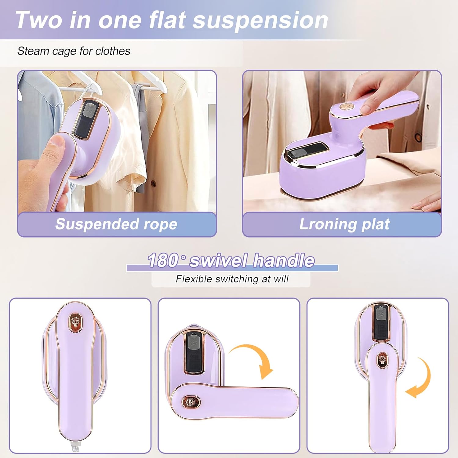 Steamer Steamer, 1000 W Steam Iron, Mini Iron, 20s Fast Heating, Water Tank 100 ml, Wet and Dry for Home, Office and Travel (Purple)