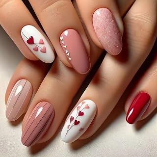 Valentines Press on Nails Medium Almond MABKJLF Pink Fake Nails False Nails with Designs Cute Heart Full Cover Glossy Glue on Nails Valentine's Day Acrylic Nails for Women Girls 24 Pcs