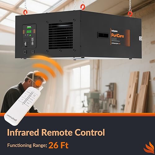 Miniatura 7 de PuriCare 1100 - Sistema de filtración de aire remoto de 3 velocidades, filtro de aire colgante para carpintería, purificador de aire de garaje,