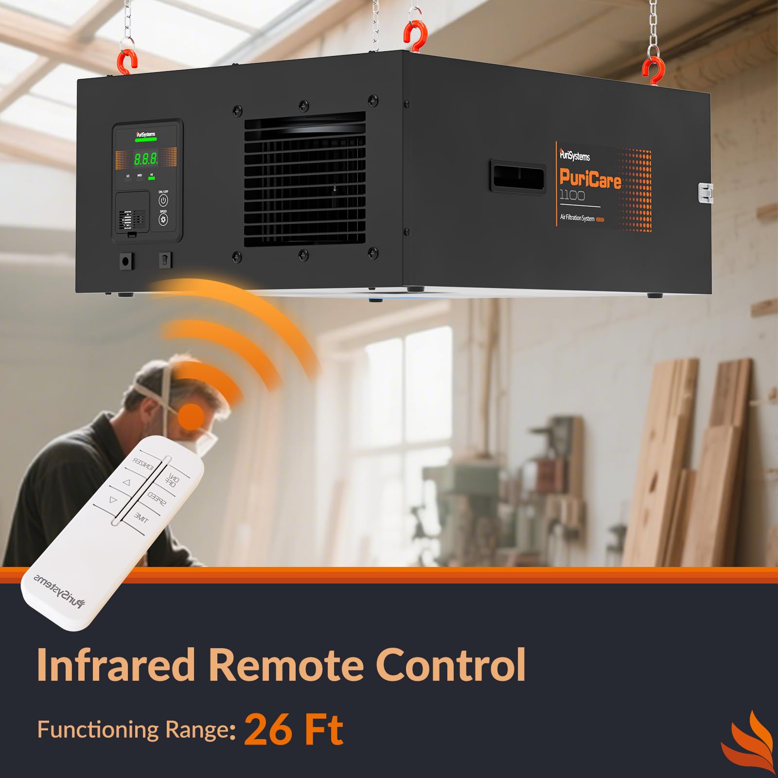 Purisystems PuriCare 1100IG - Sistema di filtrazione dell'aria, telecomando a 3 velocità, ionizzatore integrato, filtro dell'aria sospeso PuriCare 1100IG con telecomando RF per lavorazione del legno,