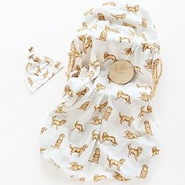 LifeTree Muslin Swaddle Blankets, Muslin Baby Boy Swaddle Blanket and Hat Set with Birth Announcement Card, Newborn Unisex Neutral Receiving Blankets Golden Retriever Pattern