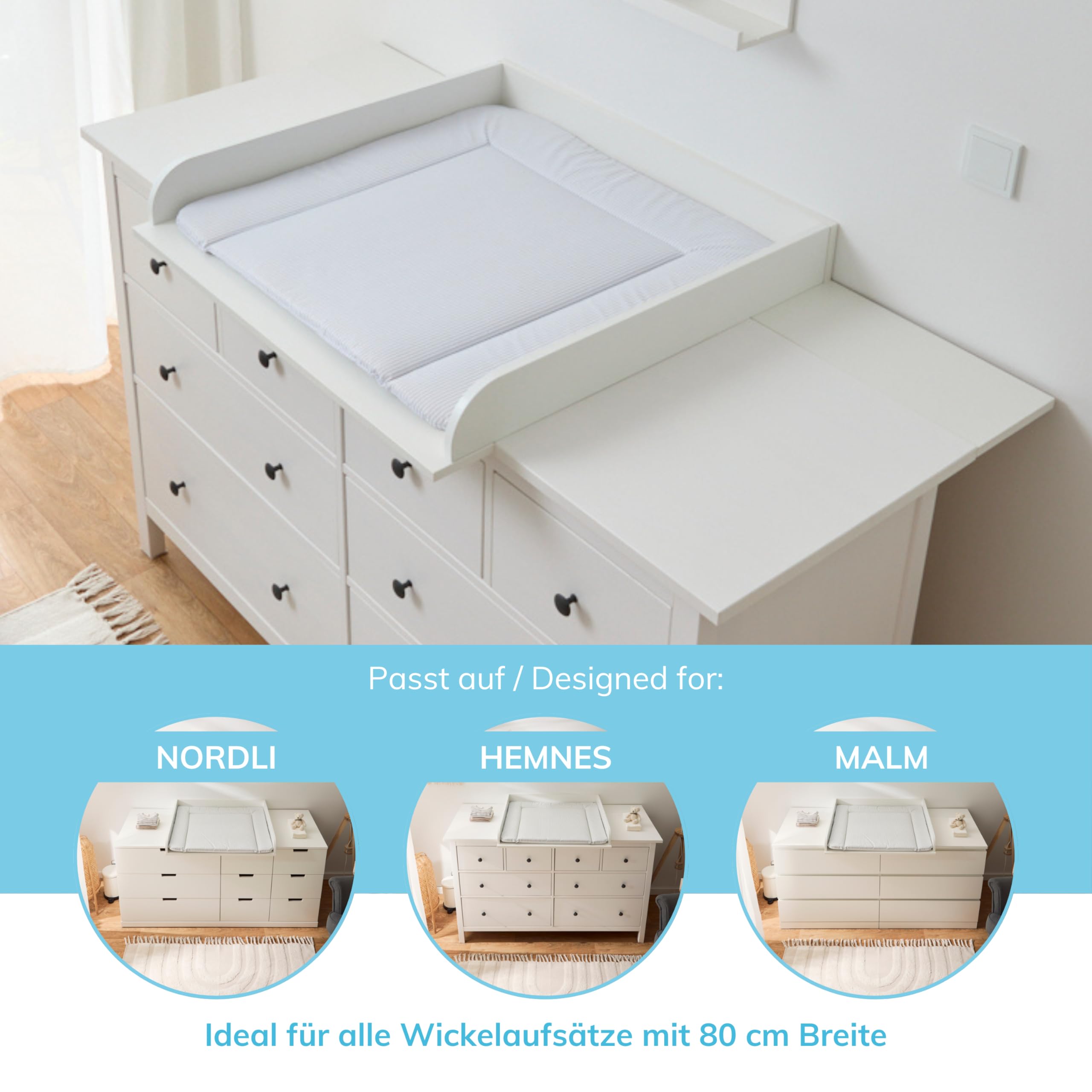 Premium Wickelauflage 77x73 cm | Wickelunterlage für Wickelkommode Malm Hemnes Nordli | ÖKO-TEX 100 | Abwaschbar, wasserabweisend, beidseitig bedruckt | Farbstoff- und phthalatfrei | Streifen grau