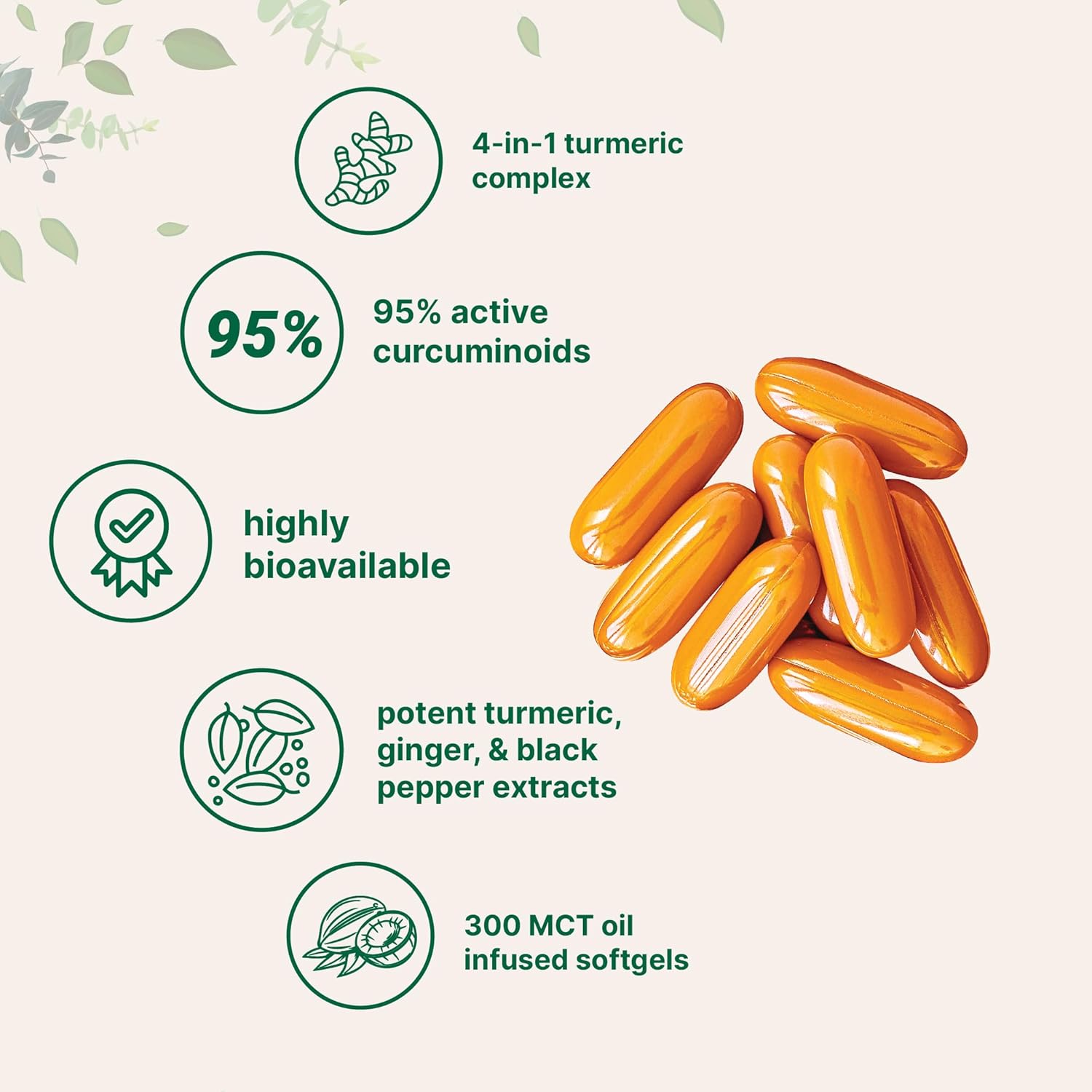 Turmeric Curcumin Supplement with Black Pepper & Ginger 3,000mg, 300 Softgels with MCT Oil for Better Absorption | 95% Curcuminoids | Non-GMO