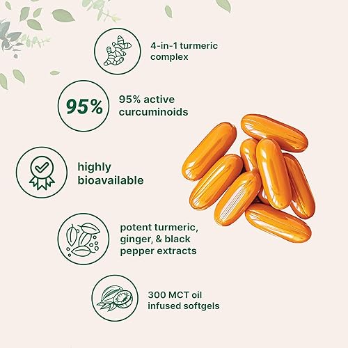 Miniatura 3 de Suplemento de curcumina de cúrcuma con pimienta negra y jengibre 3,000 mg, 300 cápsulas blandas con aceite MCT para una mejor absorción | 95%