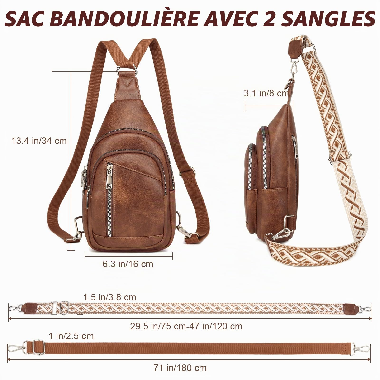 Travistar 2 en 1 Sac de Poitrine Femme Sac à Dos Pochette Banane Sacs Bandoulière Femme PU Cuir avec 2 Sangles Amovibles et Réglable, Petit Sacoche de Sport a Main