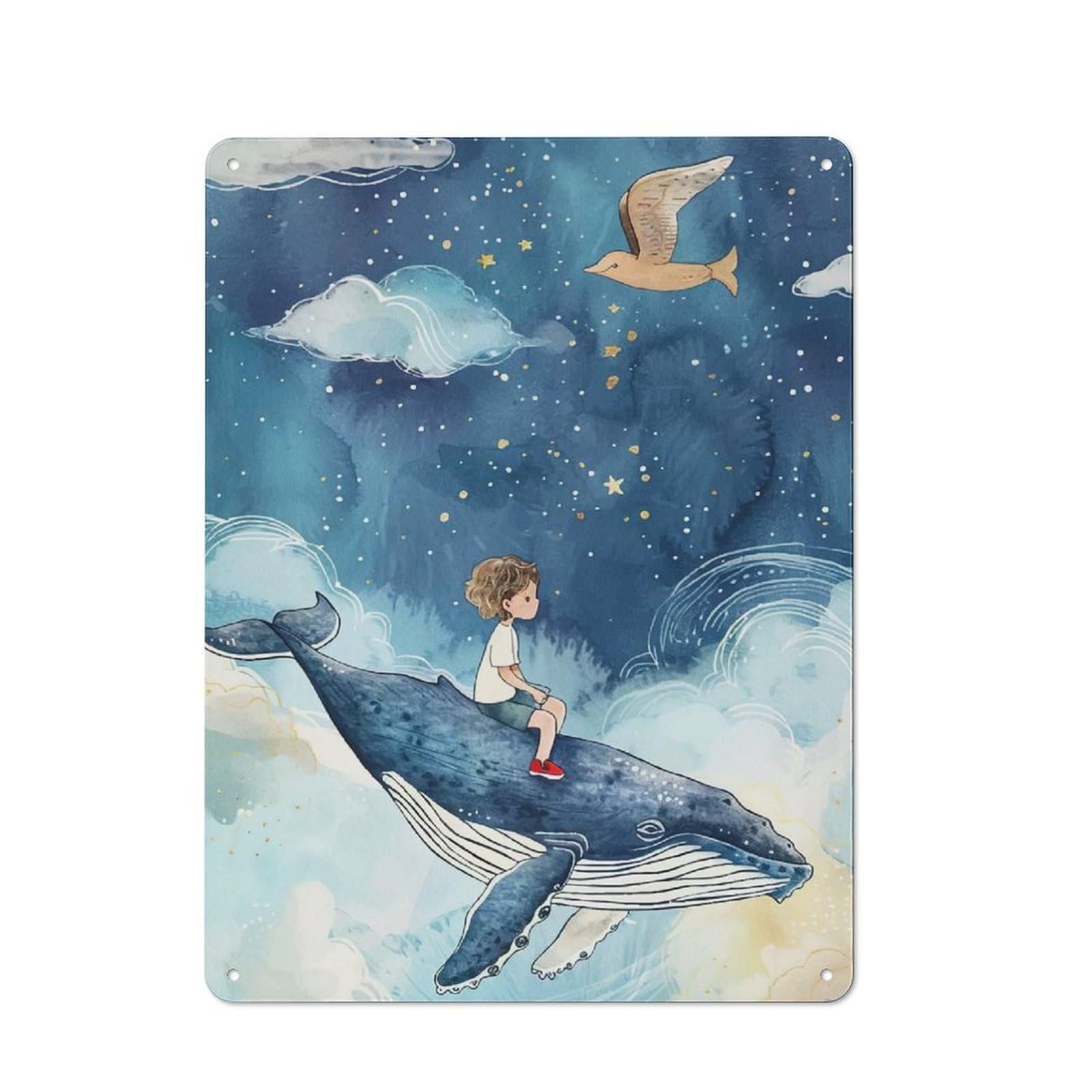 Tin Wall Plaque 40x30cm with Boy Riding Whale Starry Sky for Guest Room Or Hallway, for Hallway Wall Decor Fans