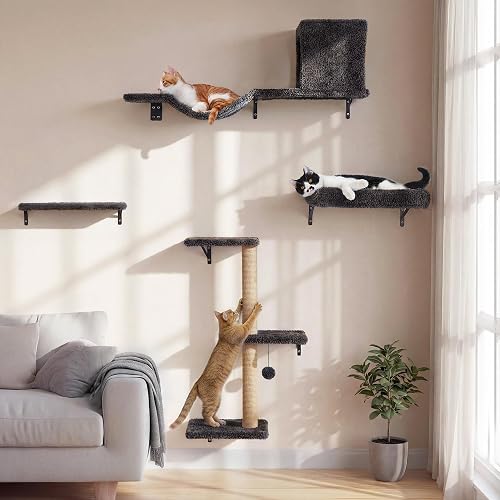 MARU Cat Wall Shelves, Stable & Safe 4 in 1 Large Cat Wall Furniture Set, Wooden Cat Climbing Wall with Scratching Post for 16 Inch Drywall - Gray