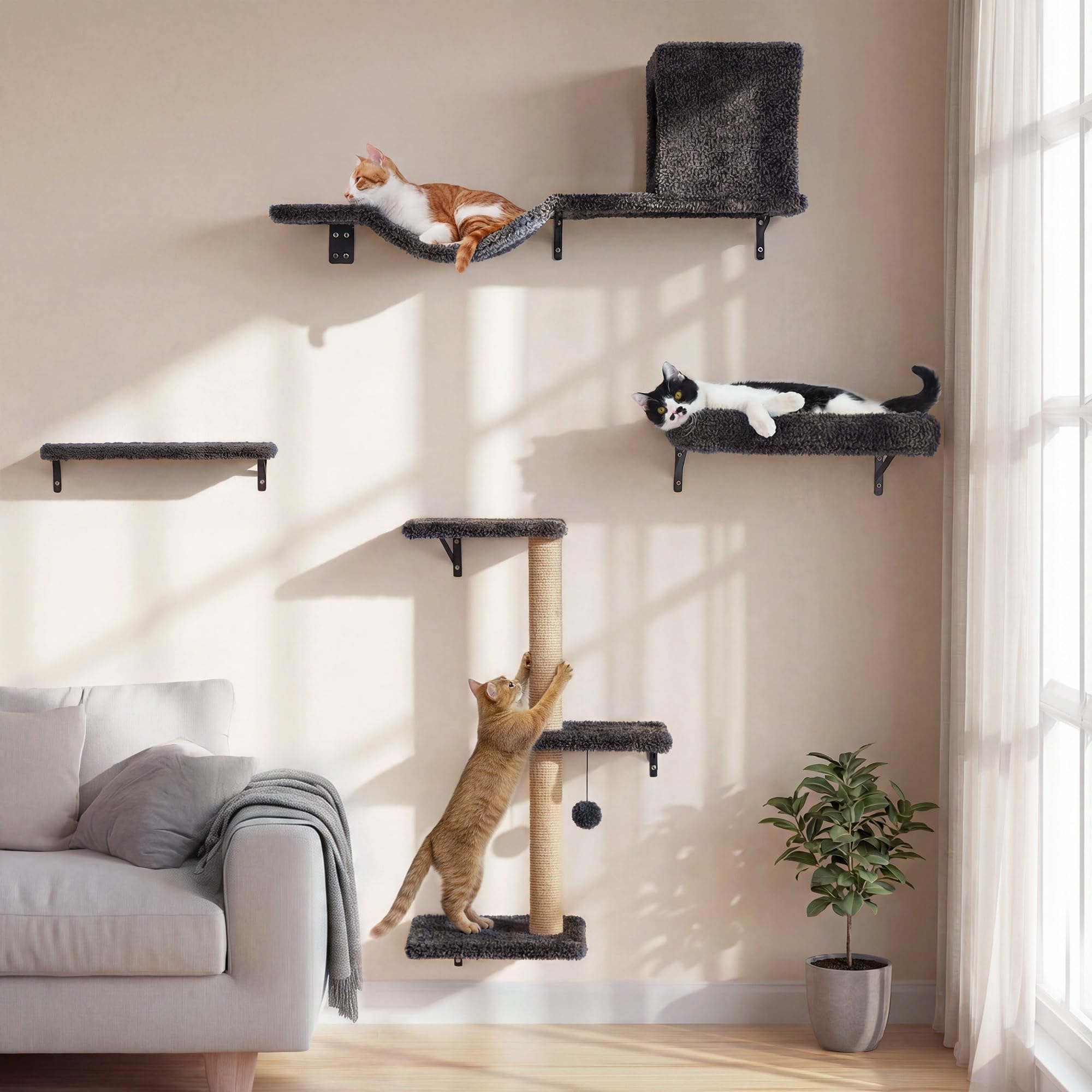 FUKUMARU Kletterwand Katzen Set, 10-teilig Katzen Kletterwand Set, aus robuster Multiplexplatte，Hängematte Katze mit Katzenhaus, Katzenbrücke, Katzenbaum, Katzentreppe bis zu 18 kg, Grau – Amazon Angebot