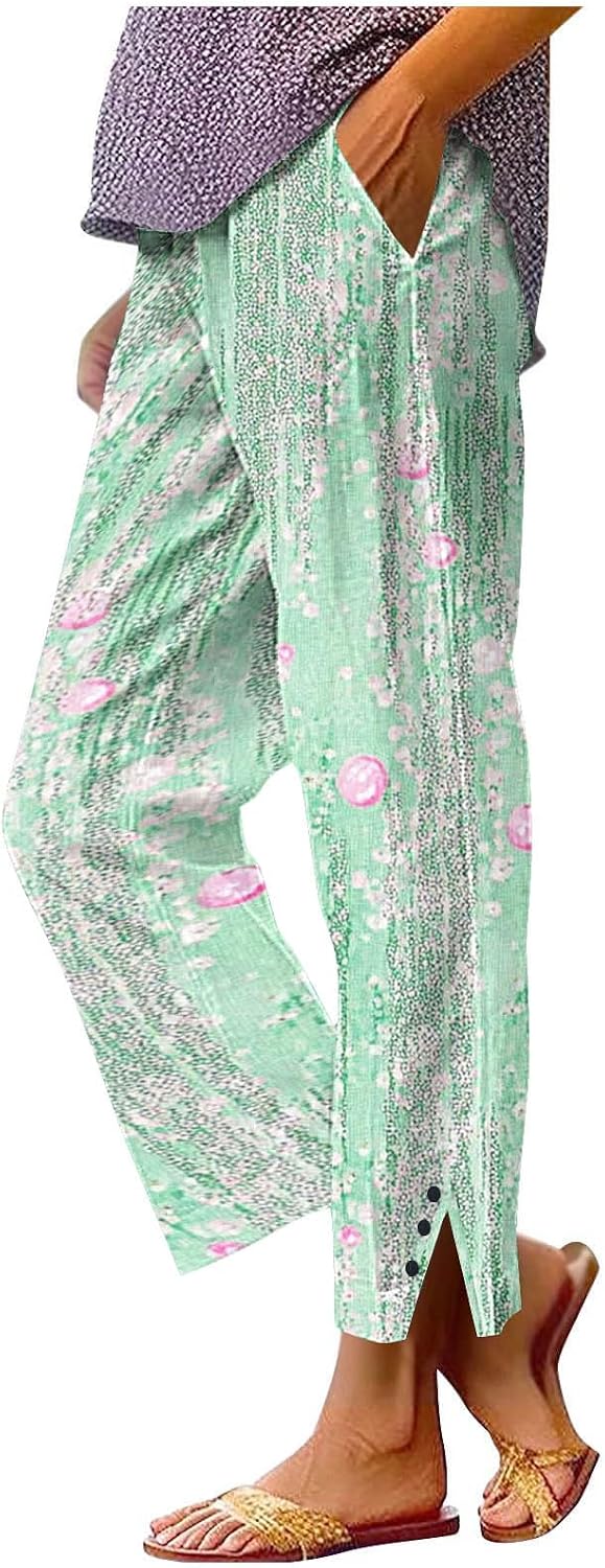 Women's Linen Capri Pants Casual Elastic Waist Split Straight Leg Pant Comfy Floral Printed Trousers with Pockets