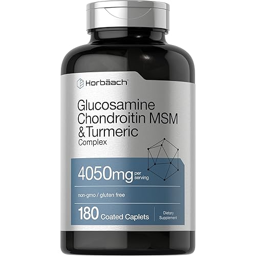 Horbäach Glucosamine Chondroitin with Turmeric & MSM | 4050 mg | 180 Caplets | Triple Strength Formula | Non-GMO, Gluten Free