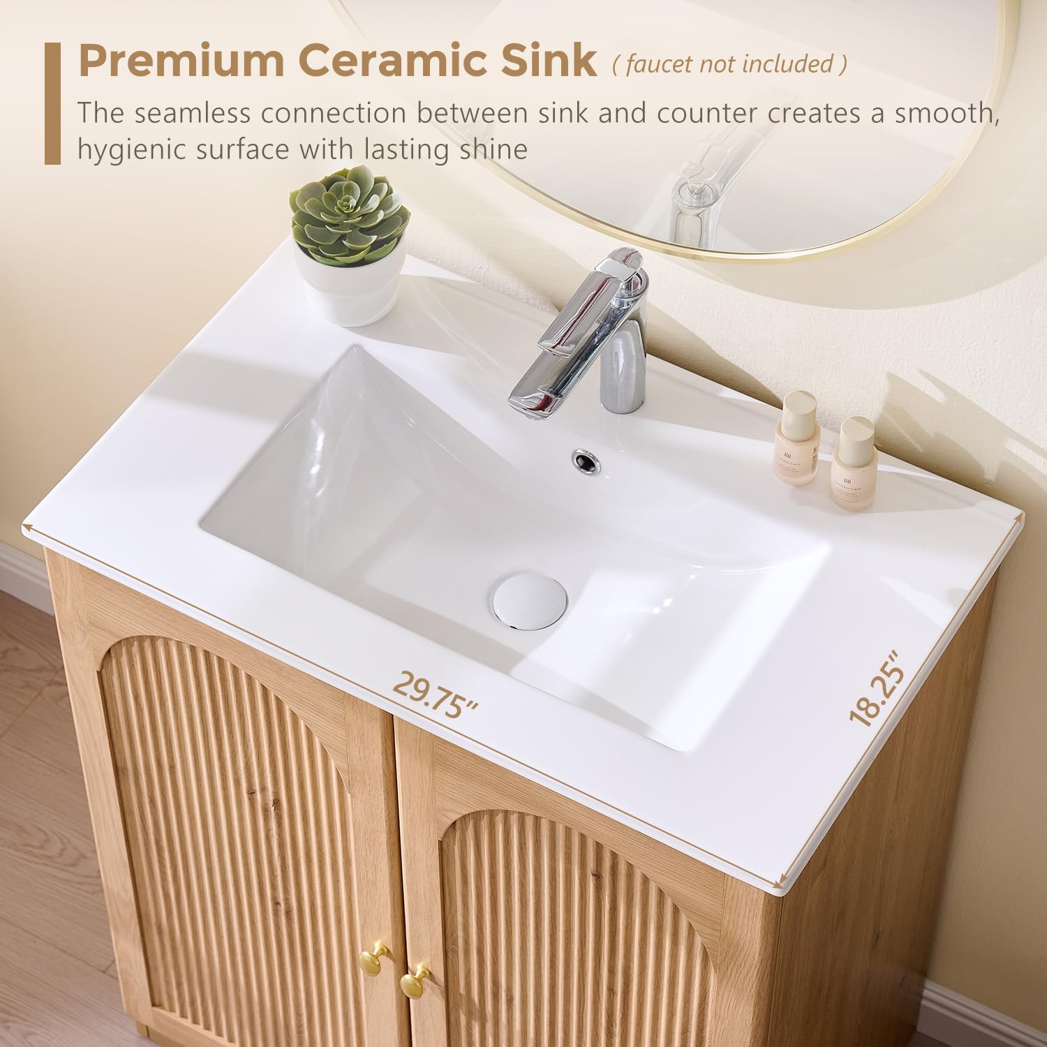 IFBUY 30 Inch Arched Bathroom Vanity with Sink, Modern Fluted Bathroom Vanity Cabinet with Adjustable Storage Shelf, Freestanding Single Bathroom Vanity with Ceramic Basin, Space-Saving, Natural Oak