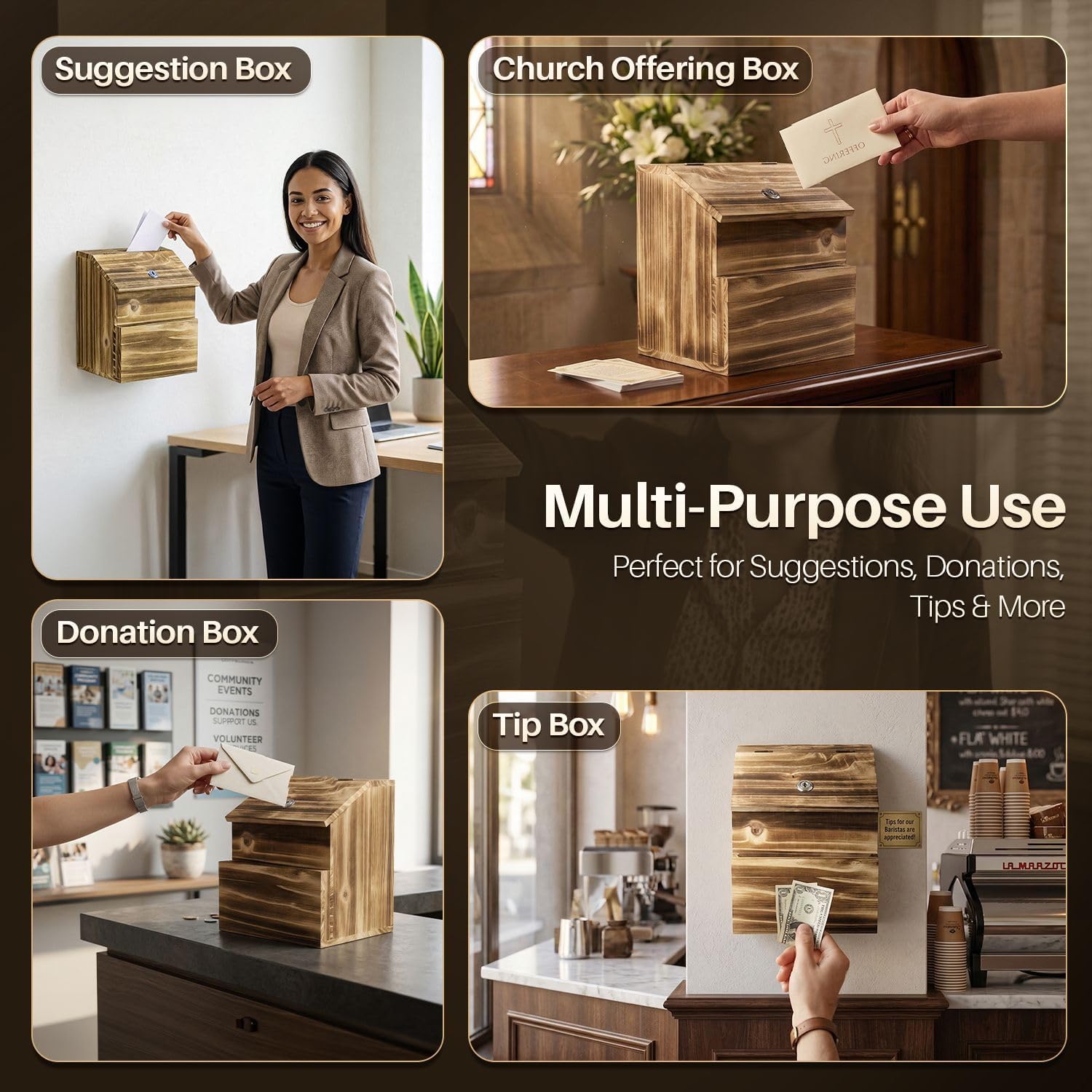 Flexzion Wooden Lockable Suggestion Box with Key Lock Lid, Wall Mounted or Free Standing Locked Ballot Prayer Donation Comment Cash Tip Money Drop Box Includes Hardware, 2 Keys