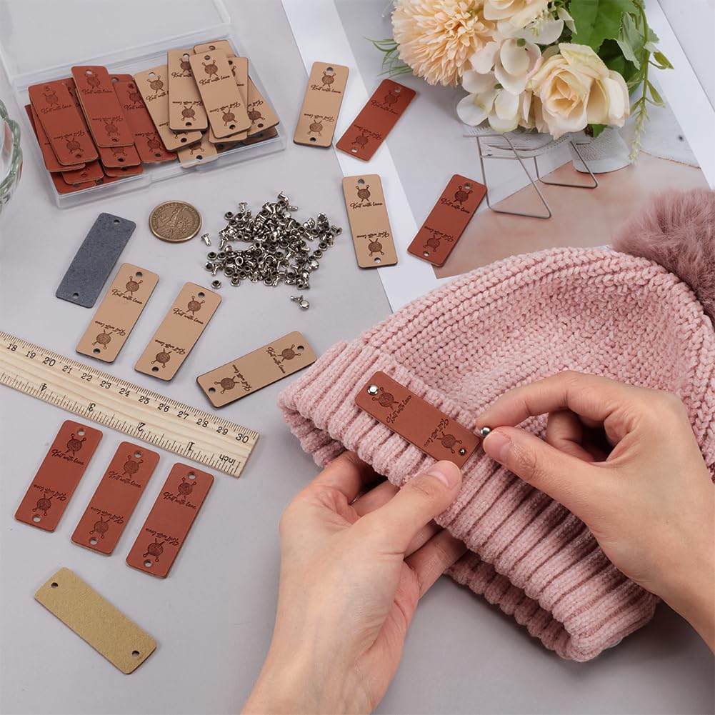 FINGERINSPIRE 40 Sets PU Leather Label with Rivets 56.5mm Beige Chocolate Rectangle Shape Handmade Leather Tag for Sewing DIY Clothing Labels - Image 3