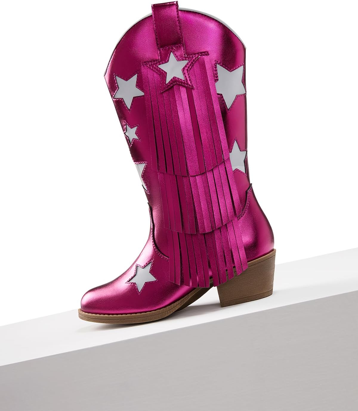 PATPAT Girls Cowgirl Boots Pointed Toe Stars Tassel Western Cowboy Boots for Riding Vintage Fringe Platform Shoes