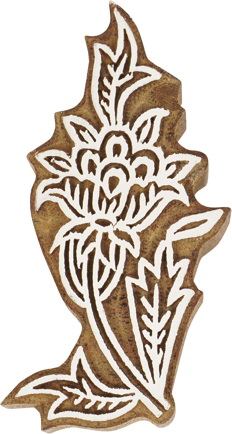 Textile Printing Block Floral Motif Hand Carved Wooden Stamp Wood Block Printing Textile Stamps for Fabric/Pottery Blocks,6 Inch