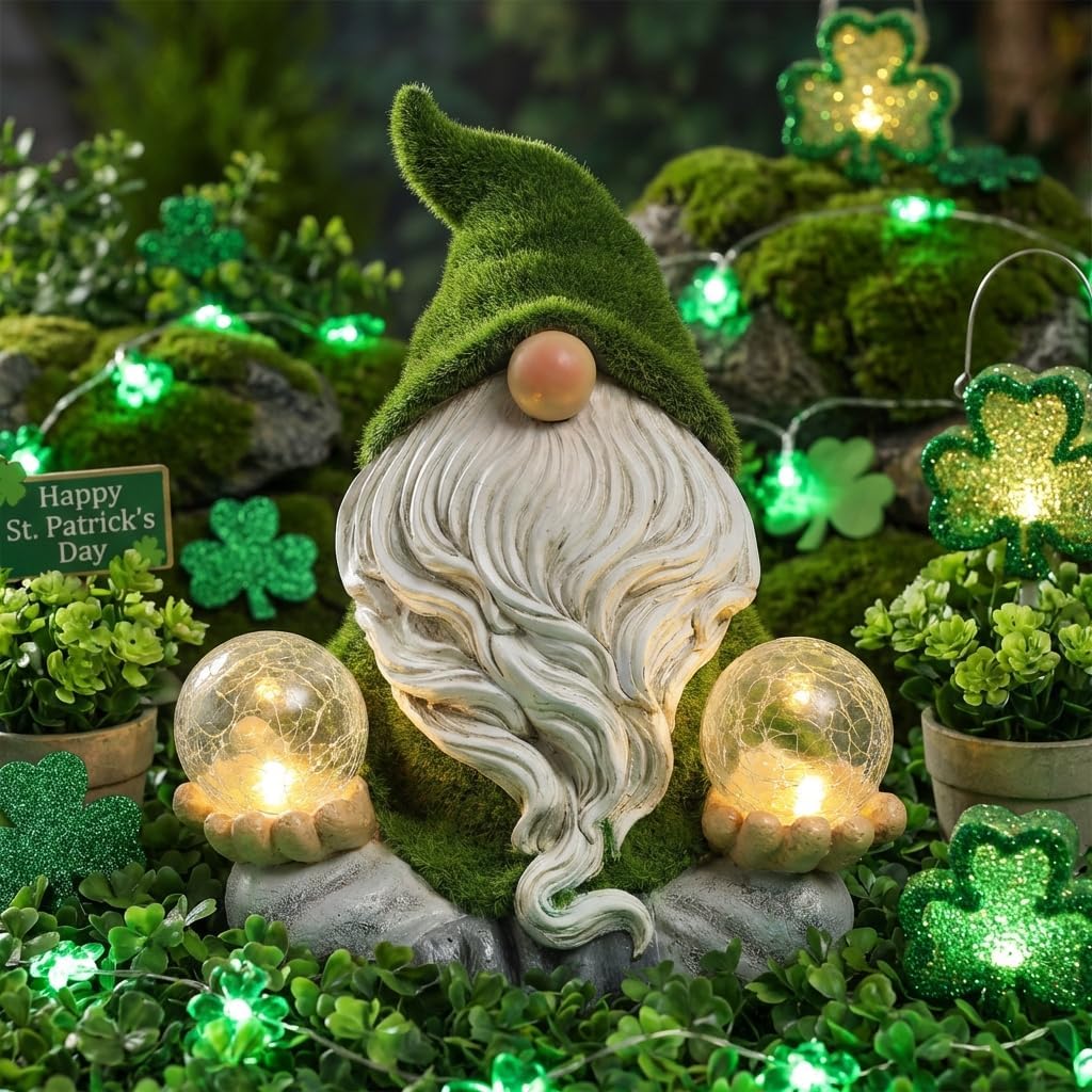 TERESA'S COLLECTIONS Garden Gnomes Decor with Solar Lights, St Patricks Decorations for Outdoor Decor,Resin Flocked Zen Garden Decor Outdoor for Porch Patio, Yoga Gnome Gifts for Women and Men, 8" - Image 7
