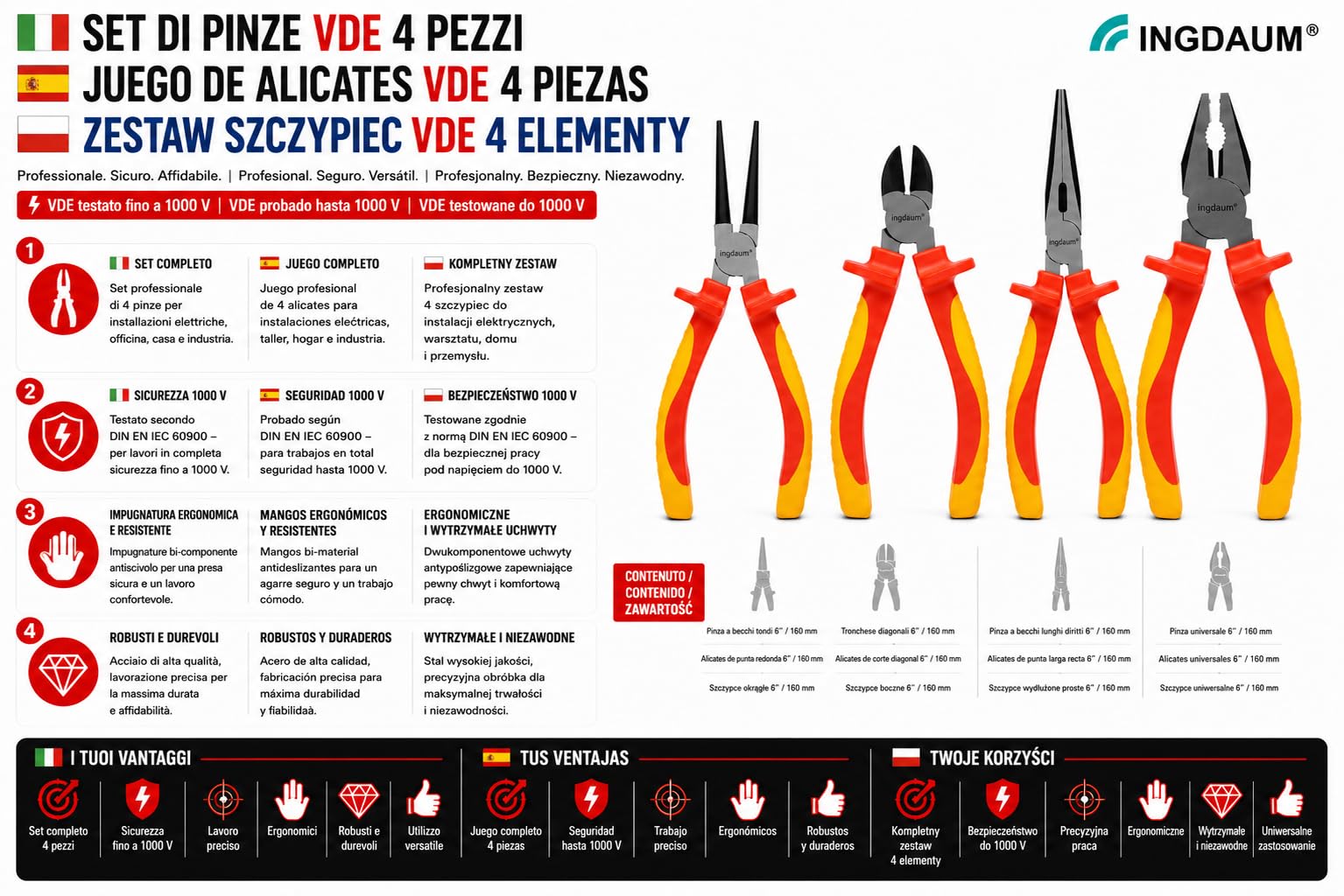 Set INGDAUM® VDE di 4 pinze con tronchese laterale, pinza a becchi mezzotondi curvi, a becchi tondi e universale, ciascuna da 6"/160 mm, isolata contro 1000 V (versione 4.1)