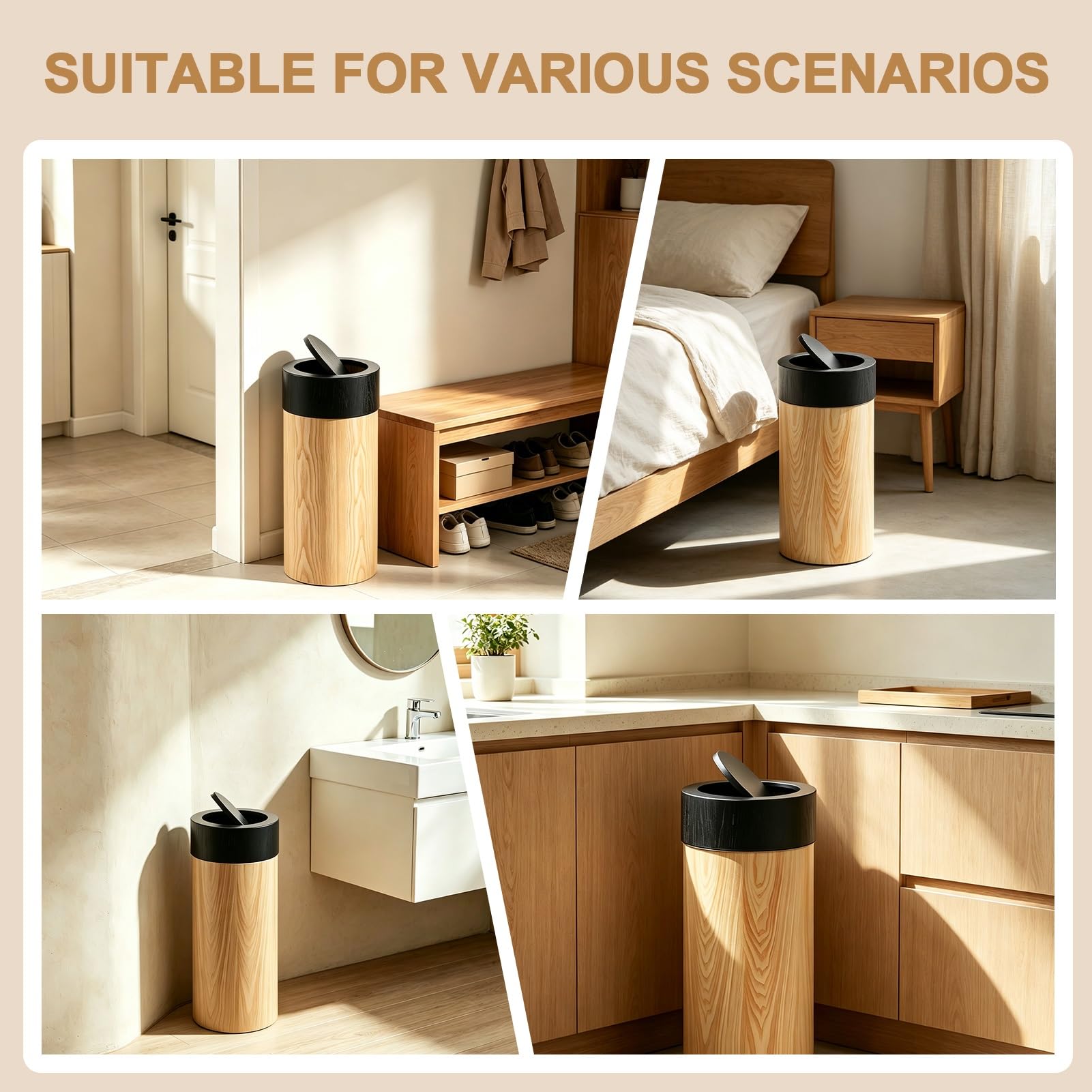 Drsyffsup Pattumiera cilindrica Moderna nordica, pattumiera Rotonda in Legno con Coperchio Basculante per Bagno, Camera da Letto, Soggiorno, Cestino per la Carta in Legno per Ufficio