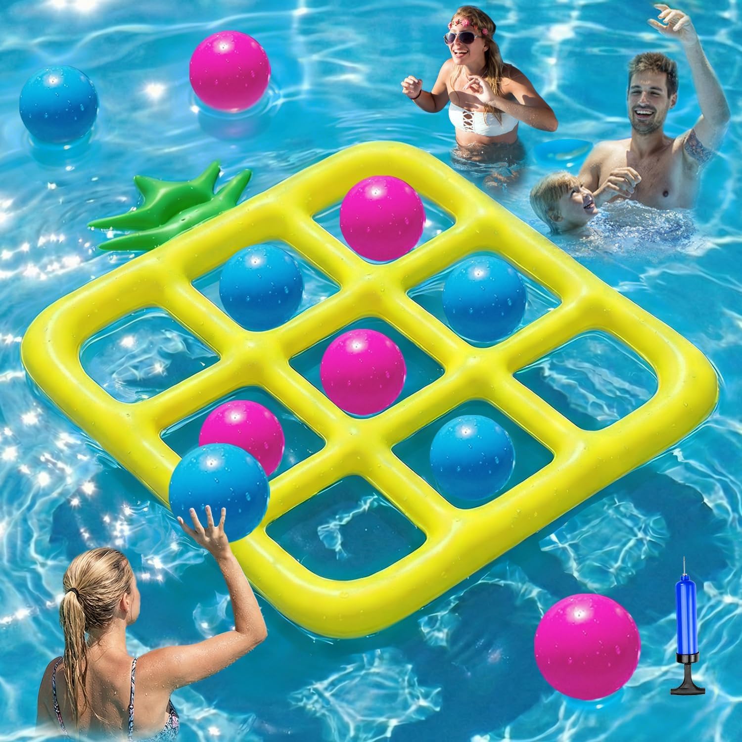 Jasonwell Tic-Tac-Toe Pool Toys Games - Giant Floating Tic Tac Toe Game Float with 10 Balls Pineapple Pool Game Party Toy Floats Yard Field Day Games Outdoor Beach Toys for Adults Teens Kids (Yellow)