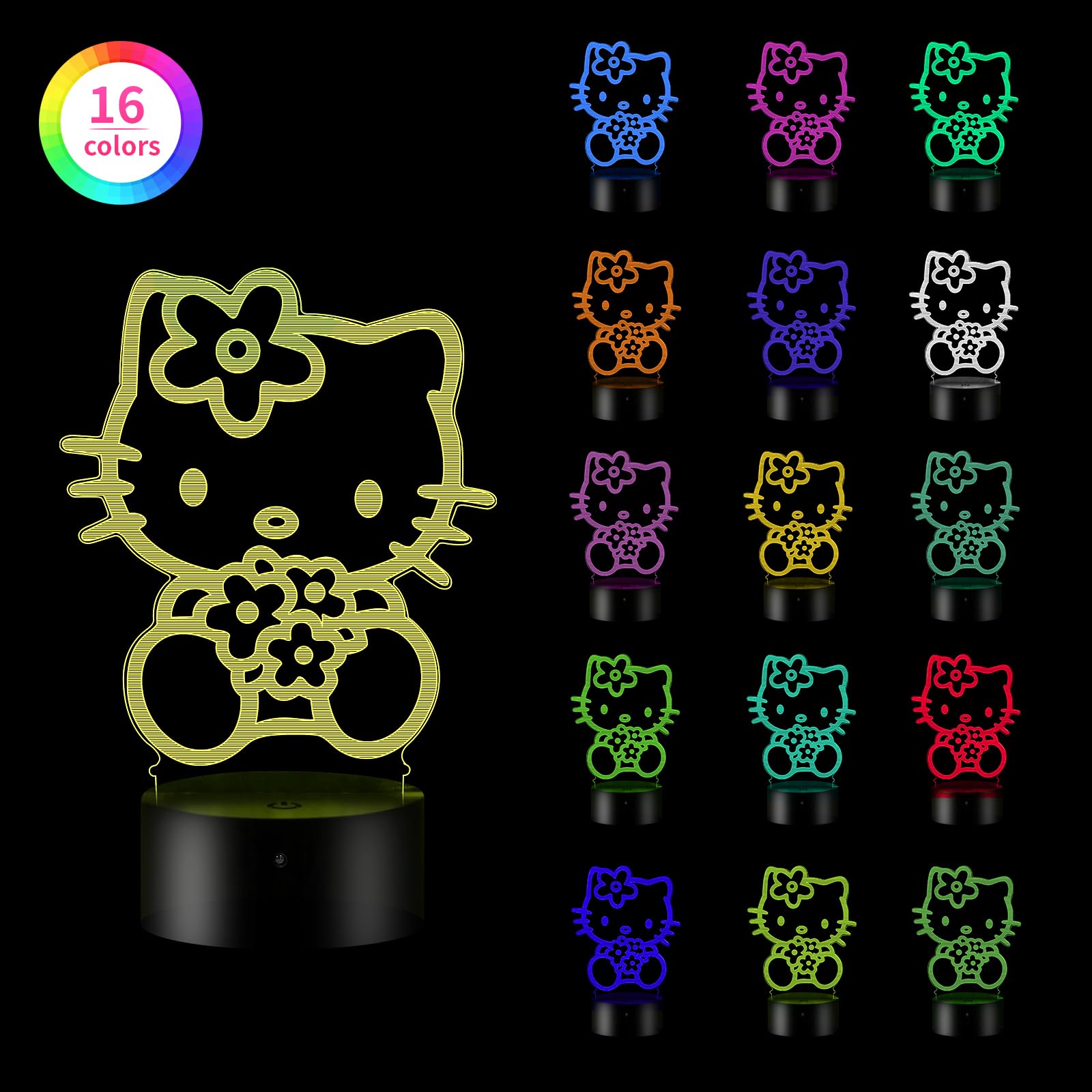 Veilleuse Kitty 3D LED 16 Couleurs Avec Télécommande - Rechargeable USB - Lampe Nuit Enfants - Cadeau Mignon Pour Fille, Petite Amie