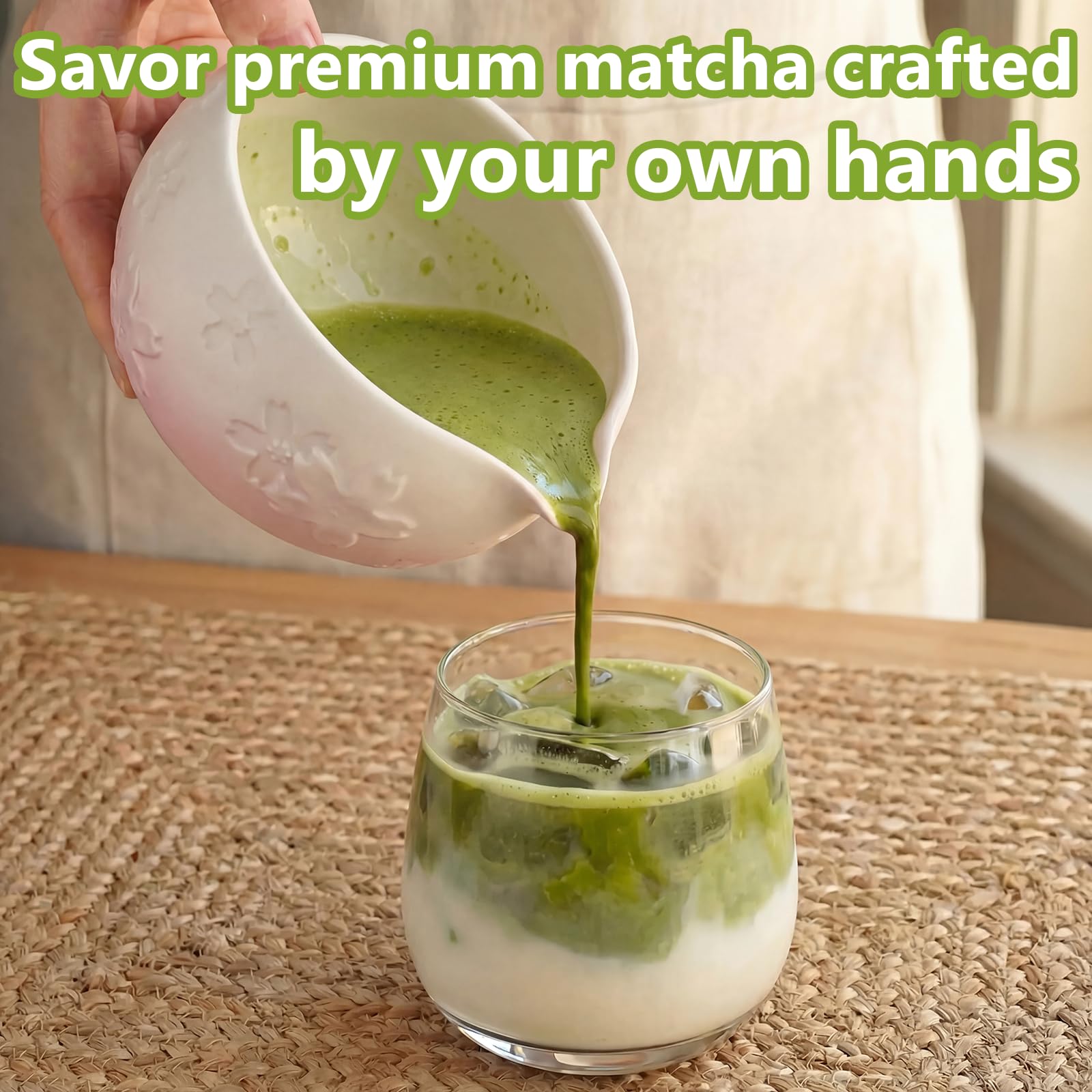 8 pezzi Matcha Kit, Matcha Set tradizionale in ceramica con Frusta Matcha, Ciotola, Cucchiaio, Filtro, Supporto, Kit Matcha completo, Elegante Set per Amanti del Matcha, Bianco Rosa