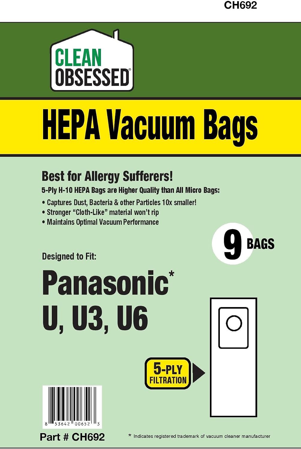 Clean Obsessed H-10 HEPA Bags Fits Panasonic U, U3, U6-9 Cloth-Like HEPA Bags Per Package