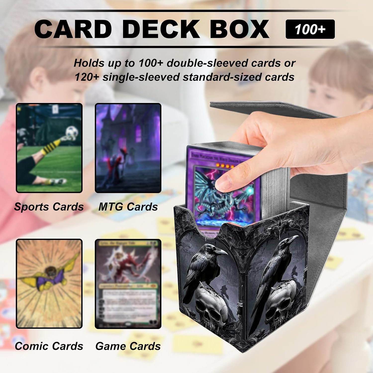 for MTG Commander Card Deck Box,Trading Card Storage Box with Magnetic Closure,Fits 120+ Single Sleeved Cards,Deckbox,Fits Sports TCG/CCG/MTG Accessories,﻿Cute Crow Skull Black image 2