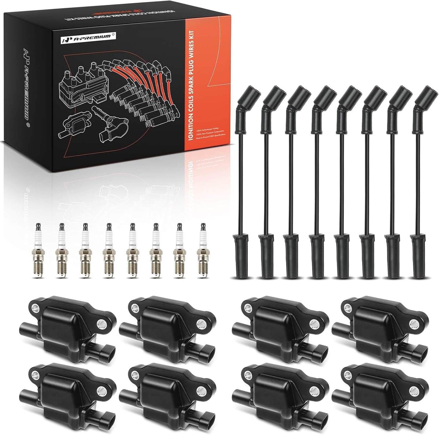 A-Premium 8 Ignition Coils with 8 Spark plug Wires and 8 Iridium Spark Plugs Compatible with Chevrolet GMC Cadillac Pontiac Buick Hummer & Saab Vehicles - Silverado 1500 2500HD, Envoy Sierra 1500