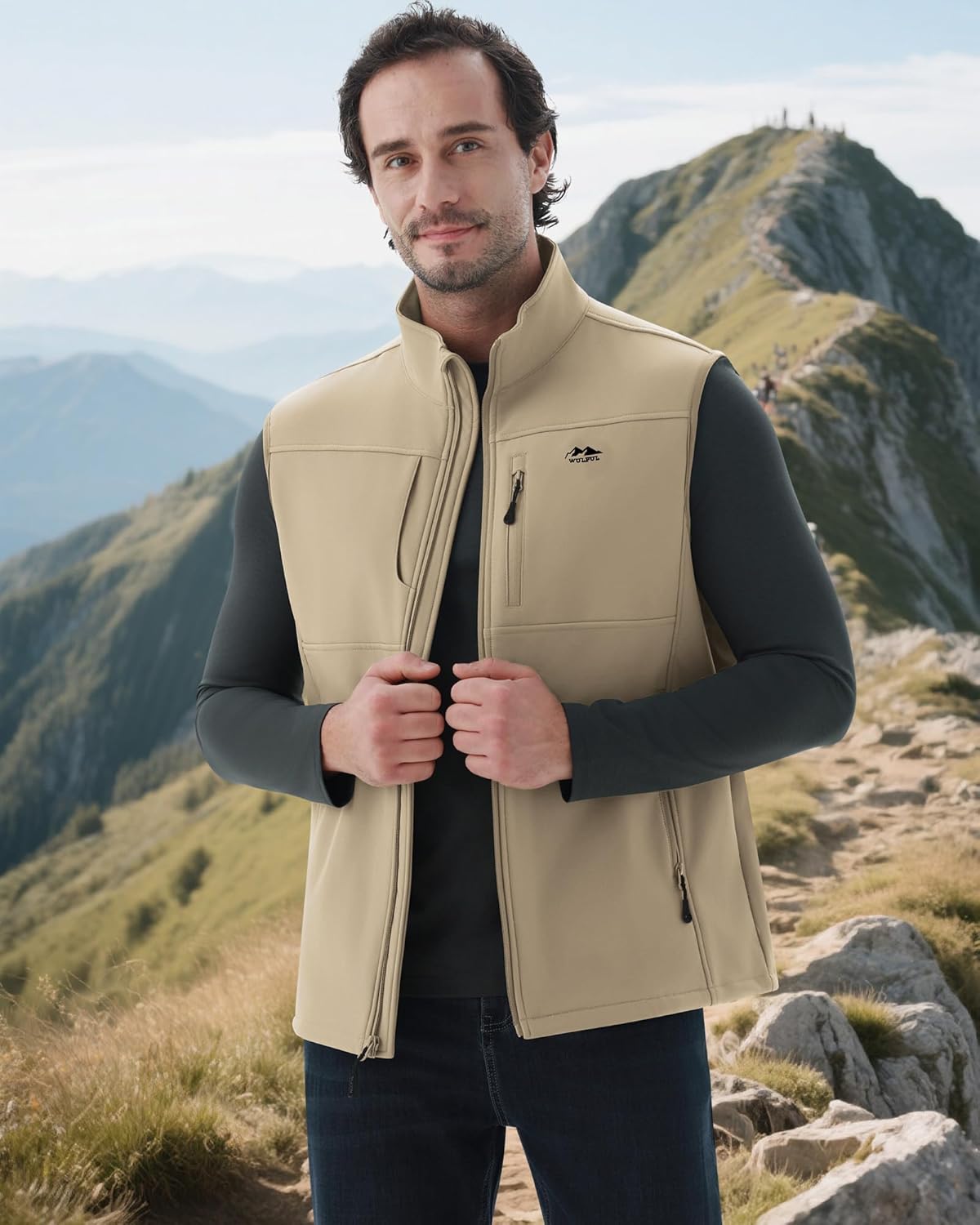 WULFUL Men's Windproof Lightweight Golf Vest Outerwear with Pockets Softshell Sleeveless Jacket for Running Hiking Sports
