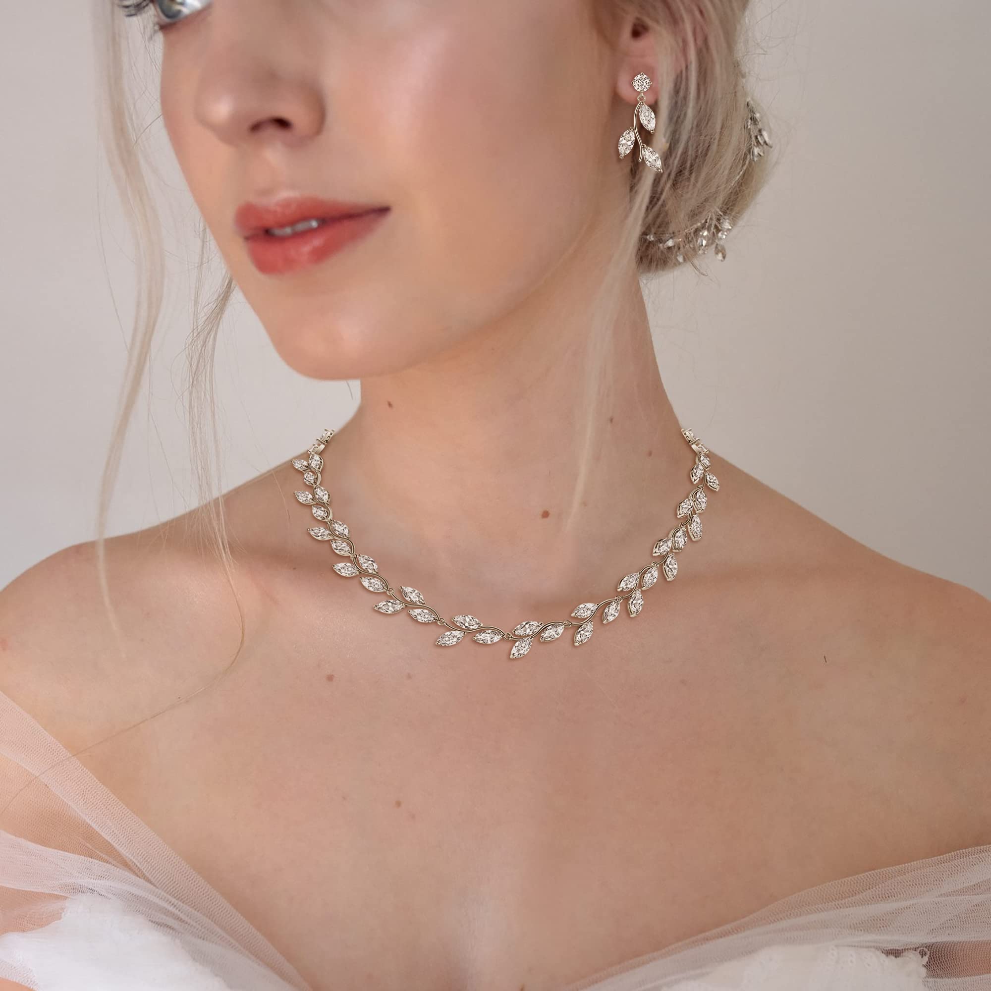 Juegos de Joyas de Mujer Circonio Cúbico Flor Hoja Collar y Pendientes Conjunto para Mujeres, Boda Joyería de Novia Set, Bisutería
