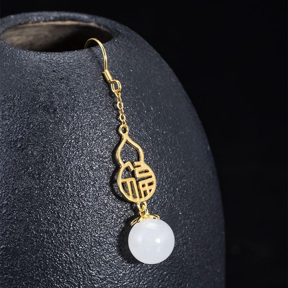 S925 Silver Gold-Plated Natural Hetian White Jade Gourd Fortune Earrings for Women Yoga Genuine