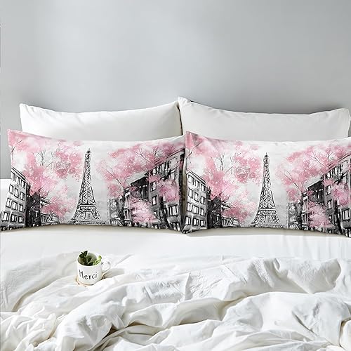 Miniatura 5 de Funda de edredón de torre Eiffel, tamaño King, color gris, retro, juego de ropa de cama de construcción francesa romántica, funda de edredón