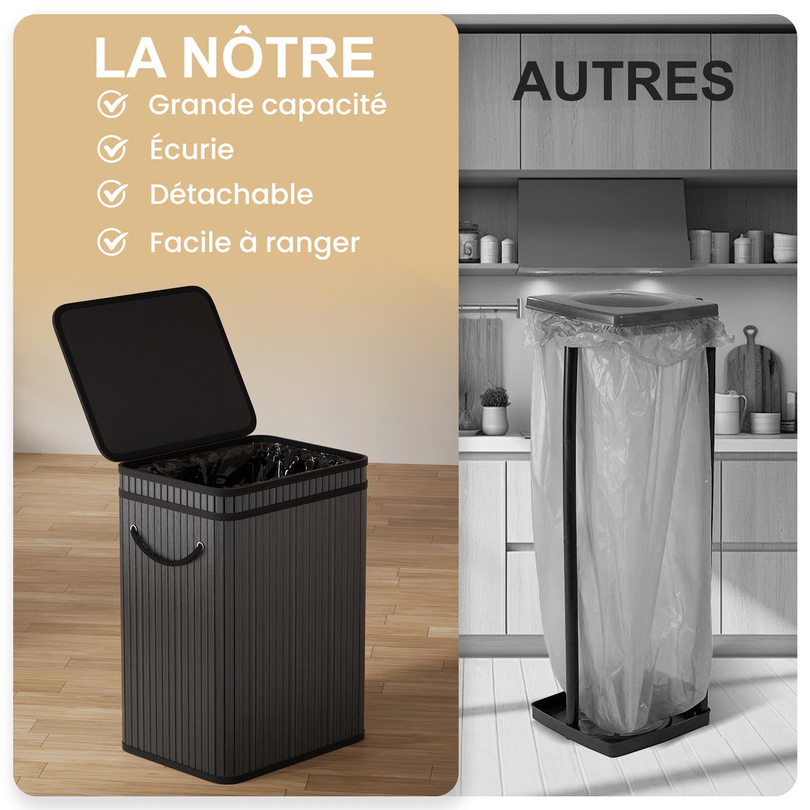 Mihoho Grande poubelle de 80 litres avec couvercle, corbeille/panier à déchets en bambou, poubelle d'extérieur pour la maison, le bureau, la salle de bain, la cuisine 40X30X60 CM (noir)