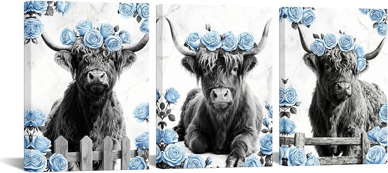 sechars Highland Cow Wall Art Black and White Highland Cattle with Roses Painting Prints Country Farmhouse Bathroom Decor Blue
