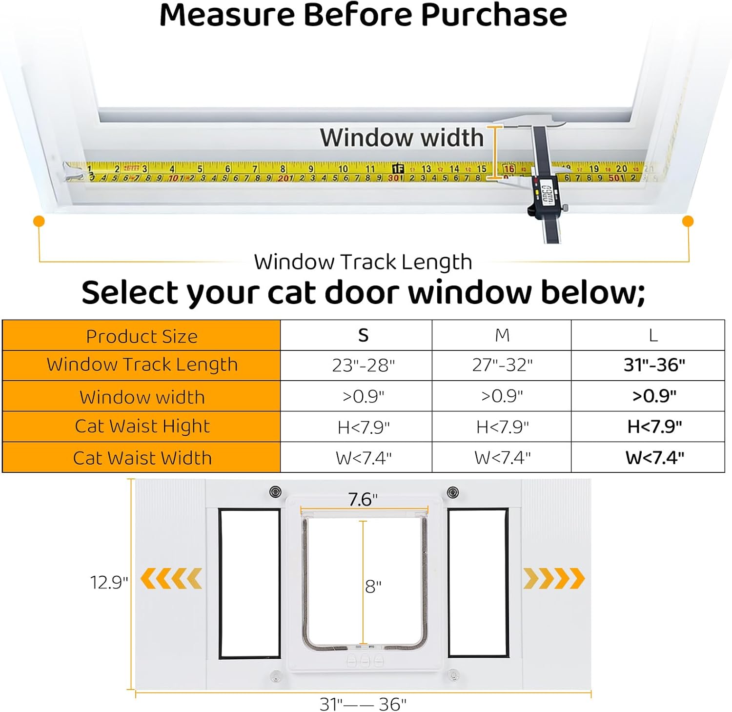 Cat Door for Window, Adjustable Width Fits 31"-36", Quick-Fit Cat Door Window Insert, Aluminum Frame with Tight Seal & Magnetic Closure, 4 Locking Modes for Pet Access Control