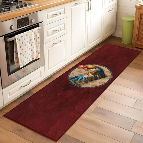 Farmhouse Chicken Runner Rugs 2x6 ft Animal Retro Brown Floral Texture Dark Red 
