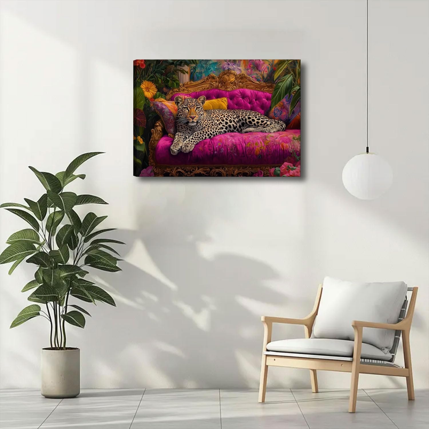Cheetah Lying On Pink Sofa Canvas Wall Art Eclectic Leopard Wall Decor Pictures Maximalist Animal Portrait Poster Prints for Living Room Home Bedroom Home Decoration 16x24in Ready to Hang
